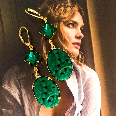 Emerald Earrings | Vintage Carved Flowers | Gold Filled | Handmade in Australia