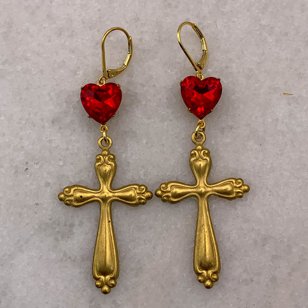 Cross Earrings | Vintage Style | Red Heart | Handmade in Australia