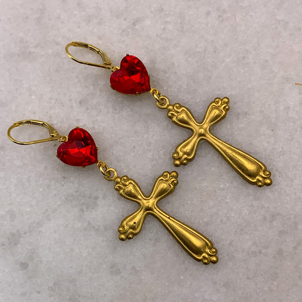 Cross Earrings | Vintage Style | Red Heart | Handmade in Australia