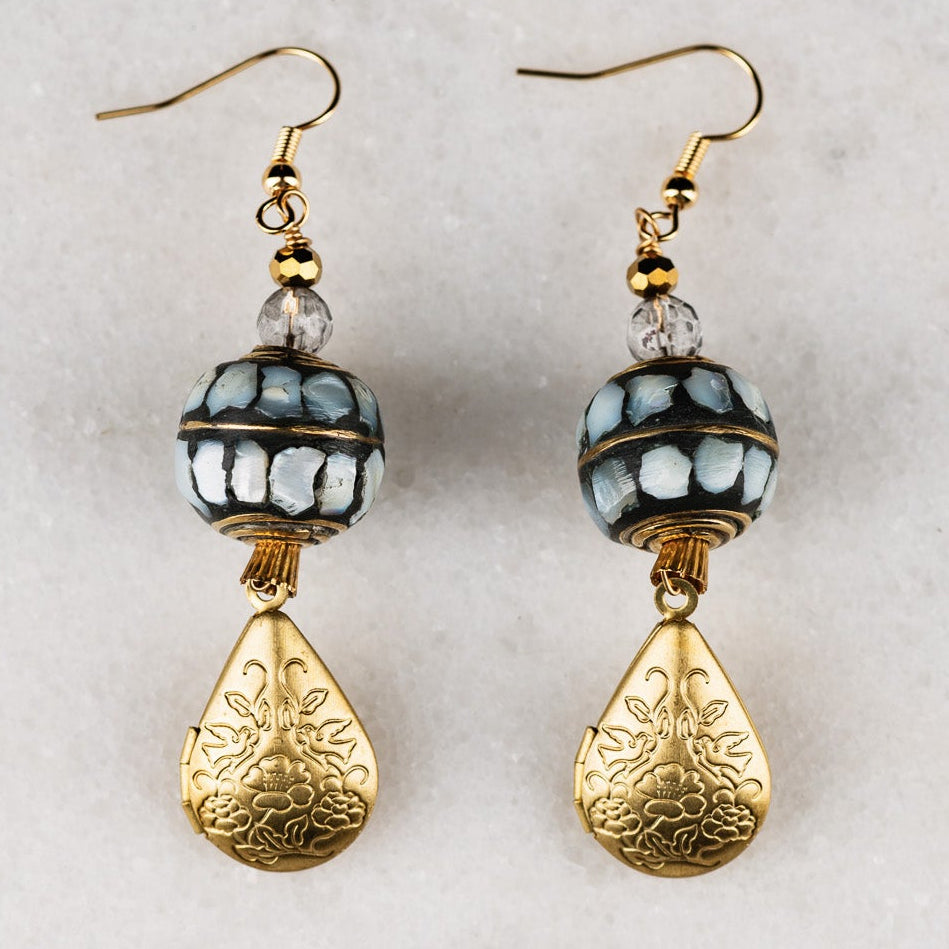 New Dawn Earrings | Mother of Pearl | Tibetan Bead | Vintage Jewellery