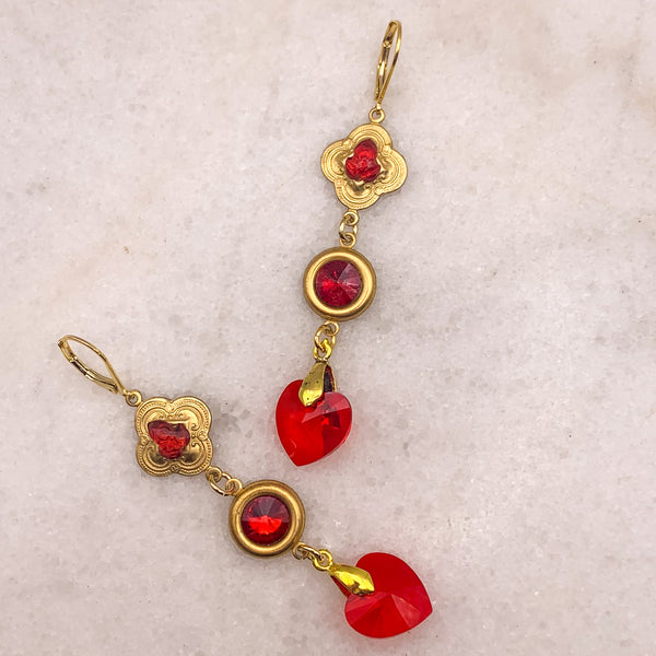 Red Crystal Earrings | Gold | Handmade in Australia | Quatrefoil |
