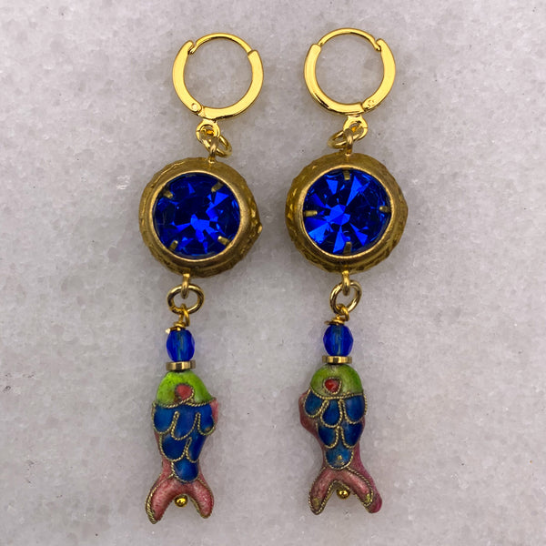 Vintage Japanese Cloissone’ | Fish Earrings | Sapphire Crystal | Bohemian Style| Handmade in Australia
