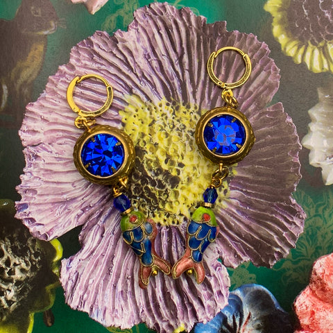 Vintage Japanese Cloissone’ | Fish Earrings | Sapphire Crystal | Bohemian Style| Handmade in Australia