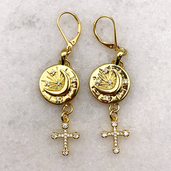 Gold Jewellery | Handmade in Australia | Cross Earrings | Sun and Moon