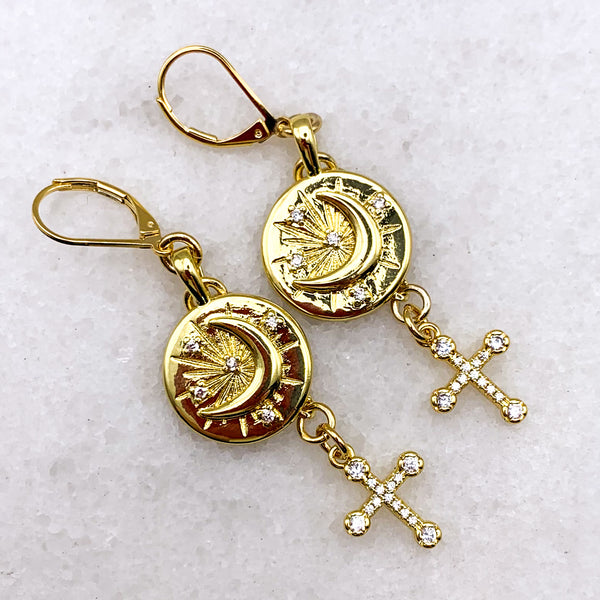 Gold Jewellery | Handmade in Australia | Cross Earrings | Sun and Moon