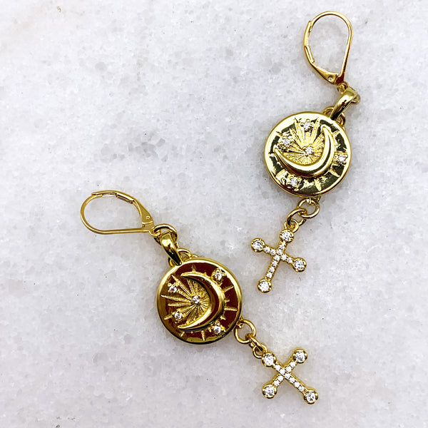 Gold Jewellery | Handmade in Australia | Cross Earrings | Sun and Moon