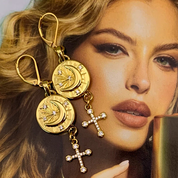Gold Jewellery | Handmade in Australia | Cross Earrings | Sun and Moon
