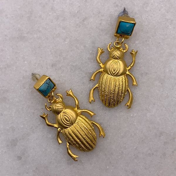 24 Carat Gold Filled Earrings | Scarab Amulet | Turquoise Gemstone | Handmade in Australia 