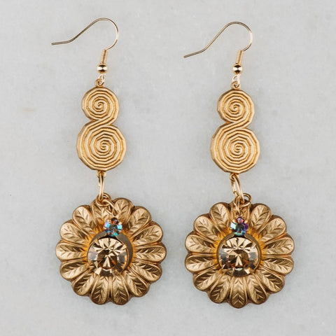 Golden Flower Earrings | Baroque Design | Crystal | Handmade in Australia