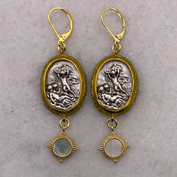 Cherub Earrings | Vintage Style | Antique Silver and Gold | Mother of Pearl | Handmade in Australia