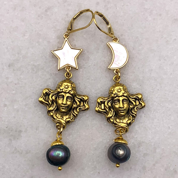Black Pearl | Art Nouveau Goddess | Handmade in Australia | Star and Moon