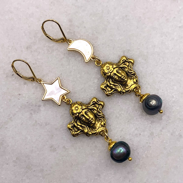 Black Pearl | Art Nouveau Goddess | Handmade in Australia | Star and Moon