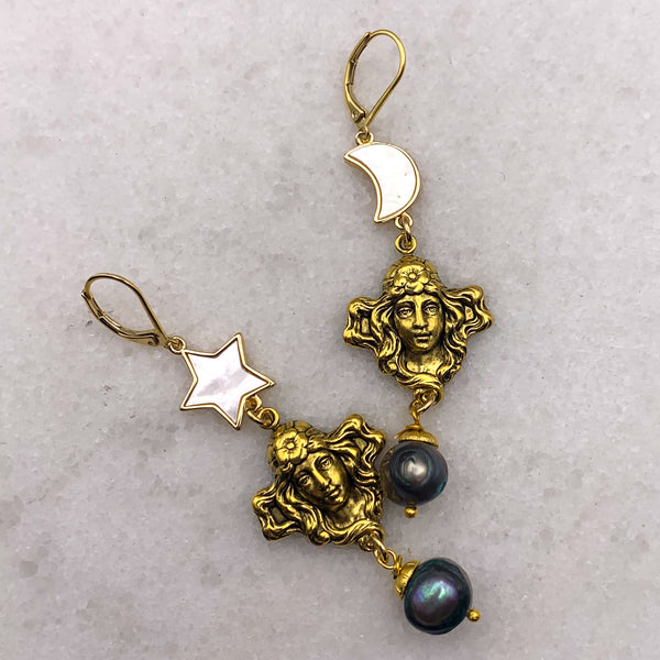 Black Pearl | Art Nouveau Goddess | Handmade in Australia | Star and Moon