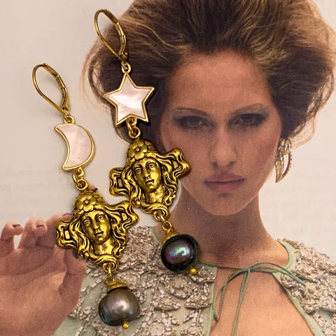 Black Pearl | Art Nouveau Goddess | Handmade in Australia | Star and Moon