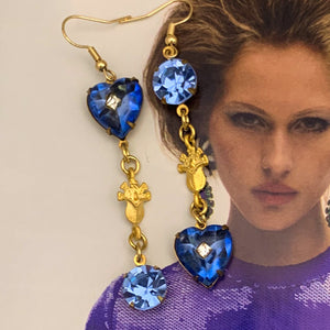Vintage Heart Crystal | Pale Sapphire | Gold Flower | 18 Carat Gold Earrings