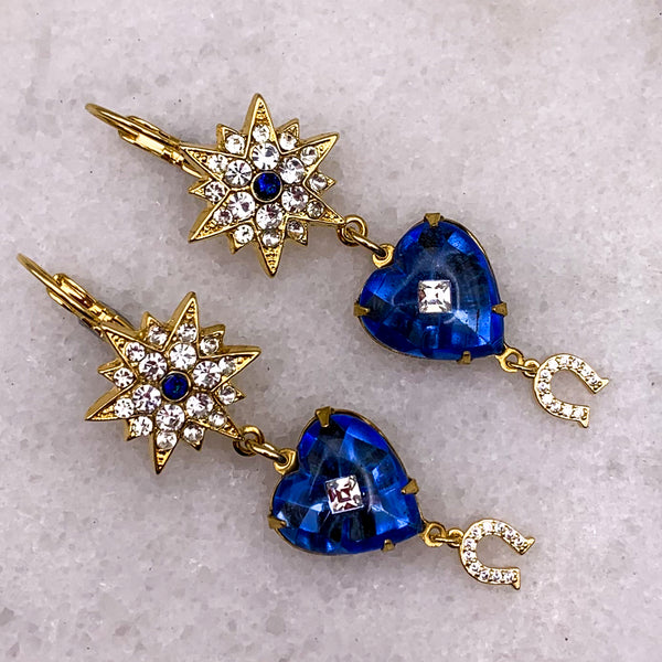 Vintage Sapphire Crystal Hearts | Star Crystal Hoop Earrings | Handmade n Australia | Lucky Crystal Horseshoe