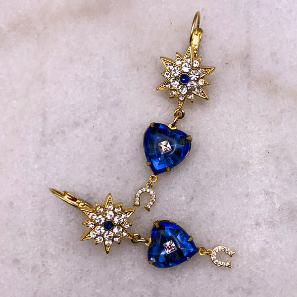 Vintage Sapphire Crystal Hearts | Star Crystal Hoop Earrings | Handmade n Australia | Lucky Crystal Horseshoe