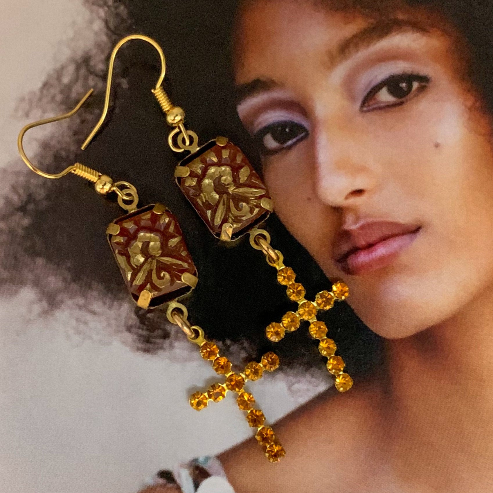 Carnelian | Cut Crystal | Cross Earrings | Topaz| Handmade in Australia