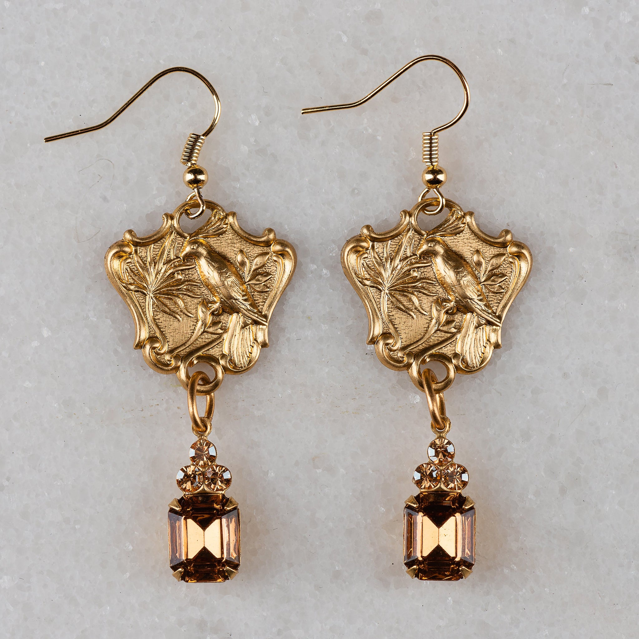 Golden Crystal Earrings | Vintage Up-cycled Jewellery | Bird Earrings 