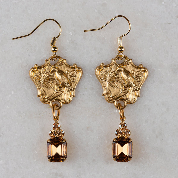 Golden Crystal Earrings | Vintage Up-cycled Jewellery | Bird Earrings 