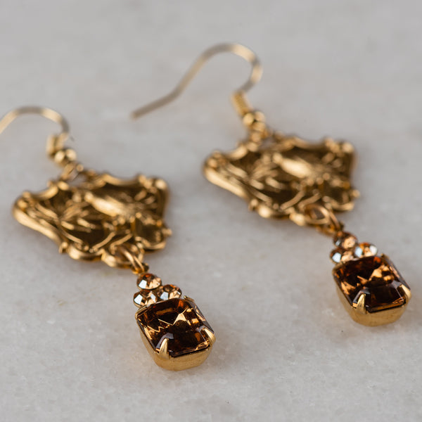 Golden Crystal Earrings | Vintage Up-cycled Jewellery | Bird Earrings 