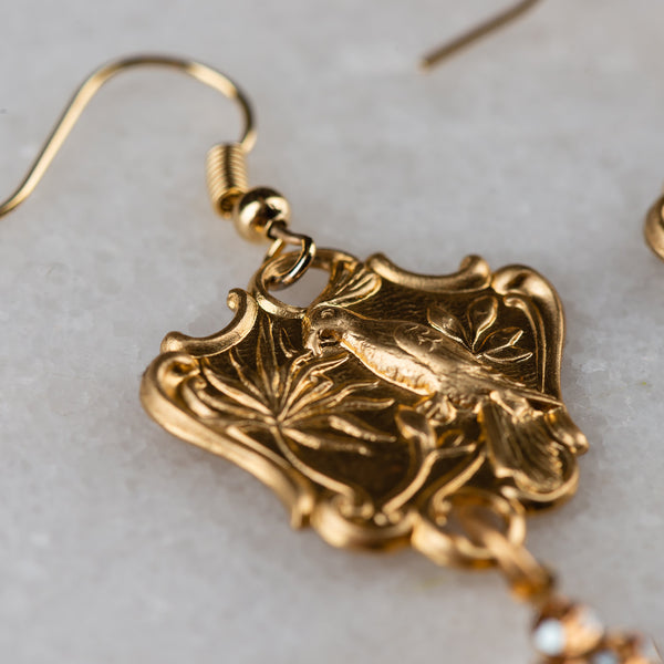 Golden Crystal Earrings | Vintage Up-cycled Jewellery | Bird Earrings 