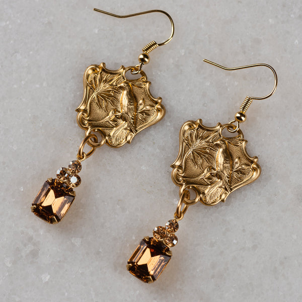 Golden Crystal Earrings | Vintage Up-cycled Jewellery | Bird Earrings 