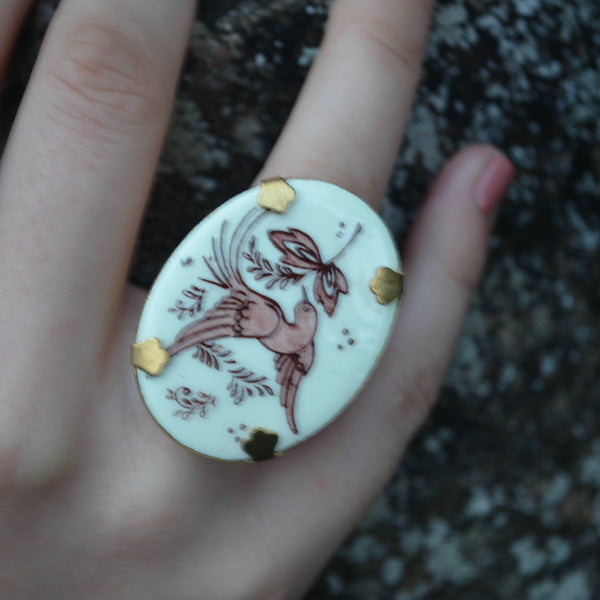 Beautiful Vintage Hand Enamelled Bird Adjustable Ring