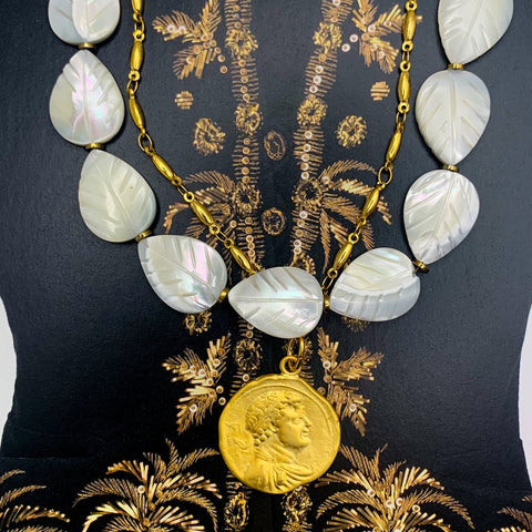 Layered Coin Necklace | Handmade in Australia | Vintage Carved Mother of Pearl | 24 Carat Gold Filled