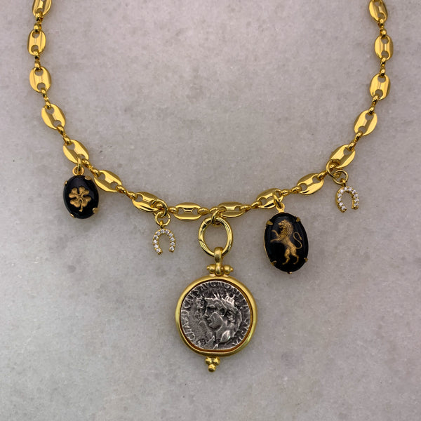 24 Carat Gold Filled | Ancient Greek Coin | Antique Silver | Good Luck Symbols | Handmade 