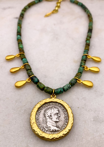 African Turquoise Gemstone | Handmade in Australia | Antique Silver Vintage Coin 