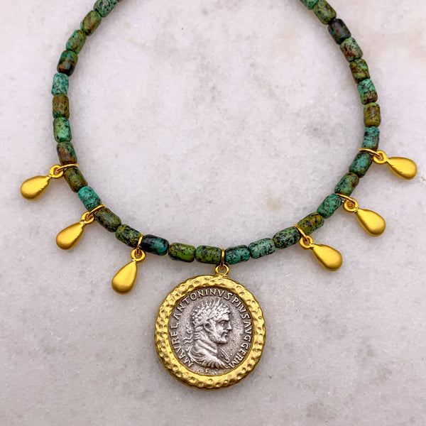 African Turquoise Gemstone | Handmade in Australia | Antique Silver Vintage Coin 