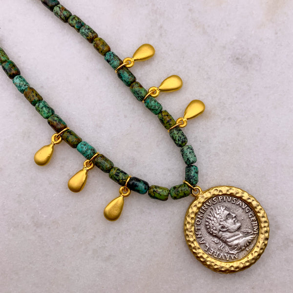 African Turquoise Gemstone | Handmade in Australia | Antique Silver Vintage Coin 