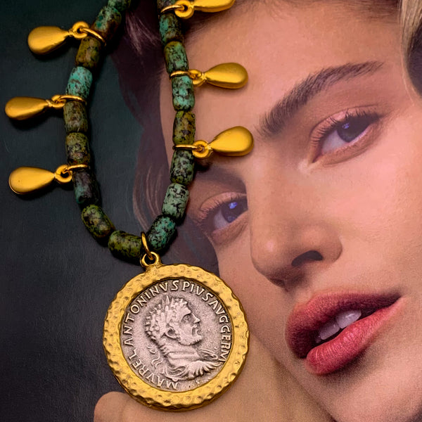 African Turquoise Gemstone | Handmade in Australia | Antique Silver Vintage Coin 