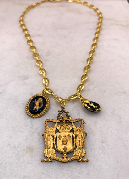 French Sacred Heart Medallion | Handmade in Australia | Vintage Lion Intaglio| Vintage Unicorn 