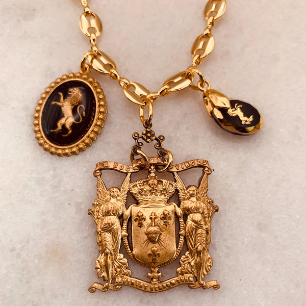 French Sacred Heart Medallion | Handmade in Australia | Vintage Lion Intaglio| Vintage Unicorn 
