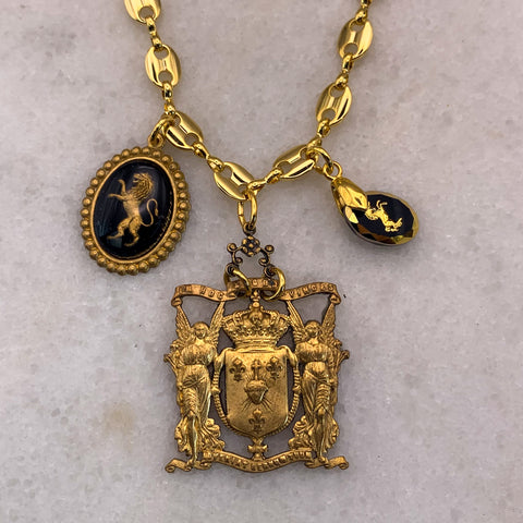 French Sacred Heart Medallion | Handmade in Australia | Vintage Lion Intaglio| Vintage Unicorn 