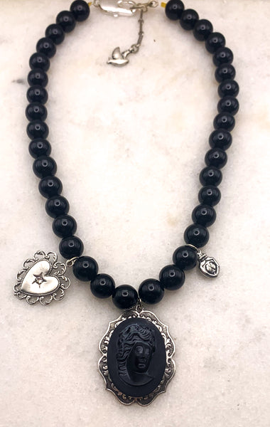 Silver Sacred Heart | Vintage French Jet Cameo | Onyx Gemstone Chain | Handmade in Australia