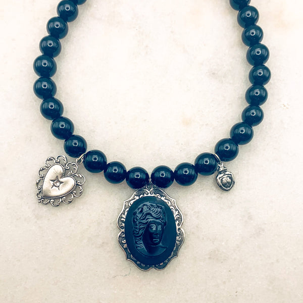 Silver Sacred Heart | Vintage French Jet Cameo | Onyx Gemstone Chain | Handmade in Australia