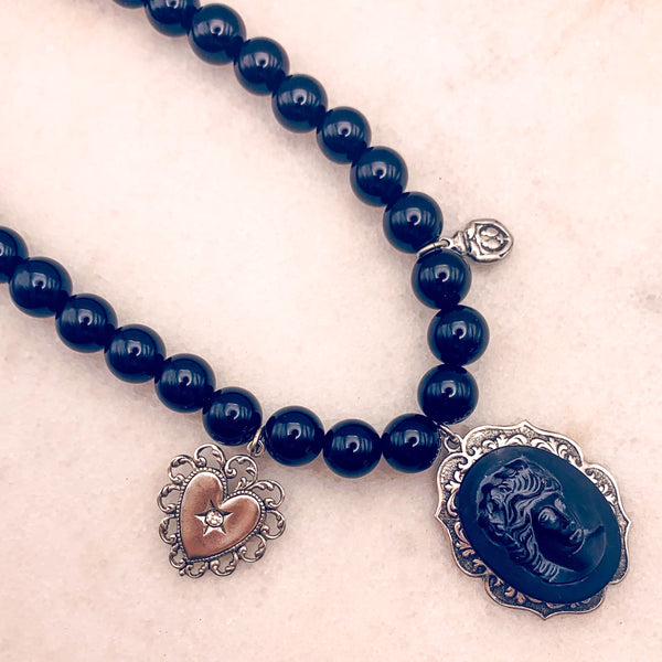 Silver Sacred Heart | Vintage French Jet Cameo | Onyx Gemstone Chain | Handmade in Australia