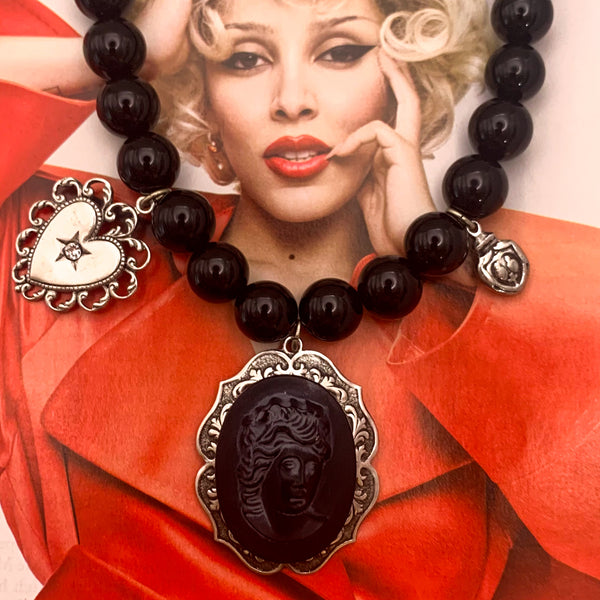 Silver Sacred Heart | Vintage French Jet Cameo | Onyx Gemstone Chain | Handmade in Australia