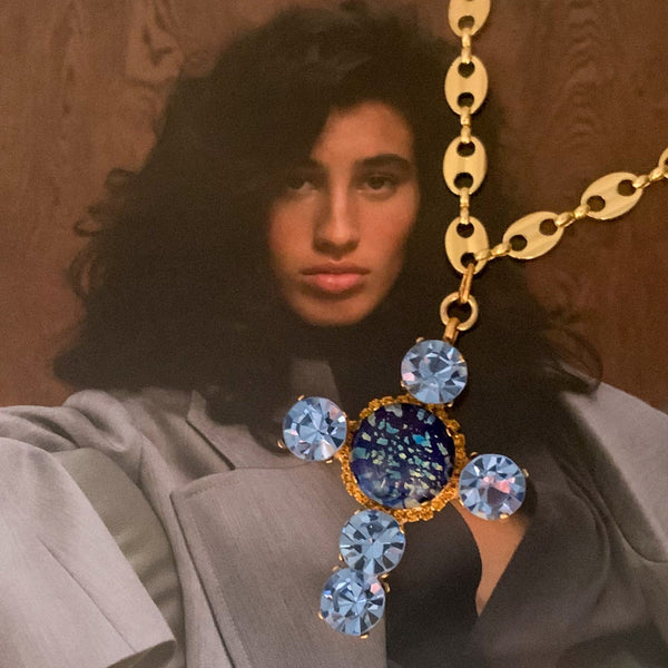 Cut Crystal Cross Necklace | Crystal Blue Opal | Handmade in Australia | 18 Carat Gold Filled Chain