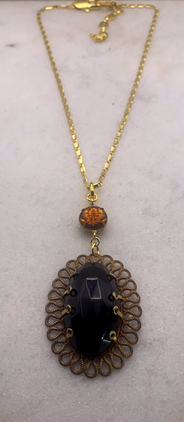 Vintage French Jet Pendant | Amber Crystal | Gold Chain | Handmade in Australia
