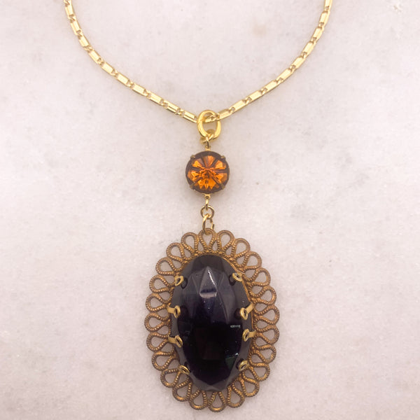 Vintage French Jet Pendant | Amber Crystal | Gold Chain | Handmade in Australia