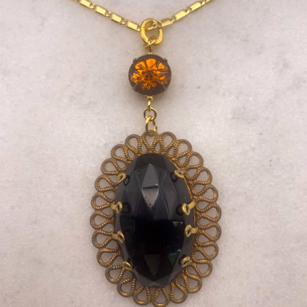 Vintage French Jet Pendant | Amber Crystal | Gold Chain | Handmade in Australia
