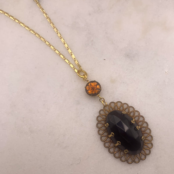 Vintage French Jet Pendant | Amber Crystal | Gold Chain | Handmade in Australia