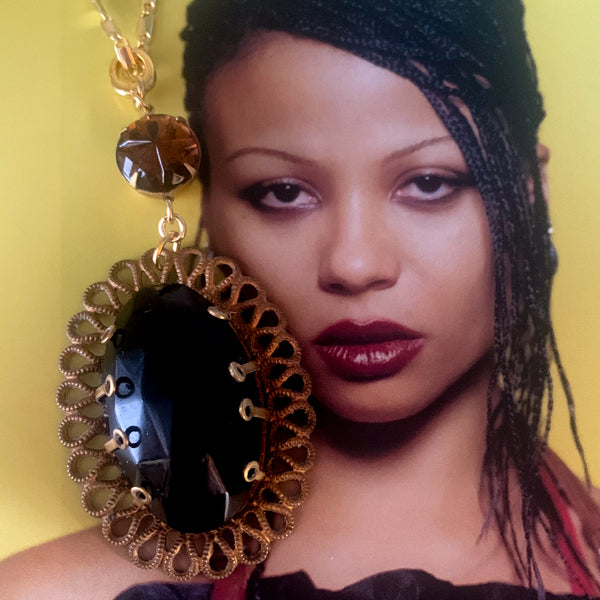 Vintage French Jet Pendant | Amber Crystal | Gold Chain | Handmade in Australia