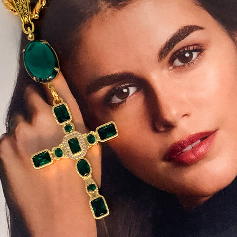 Emerald Cross Necklace | Spanish Glass | Handmade in Australia | Baroque Chain