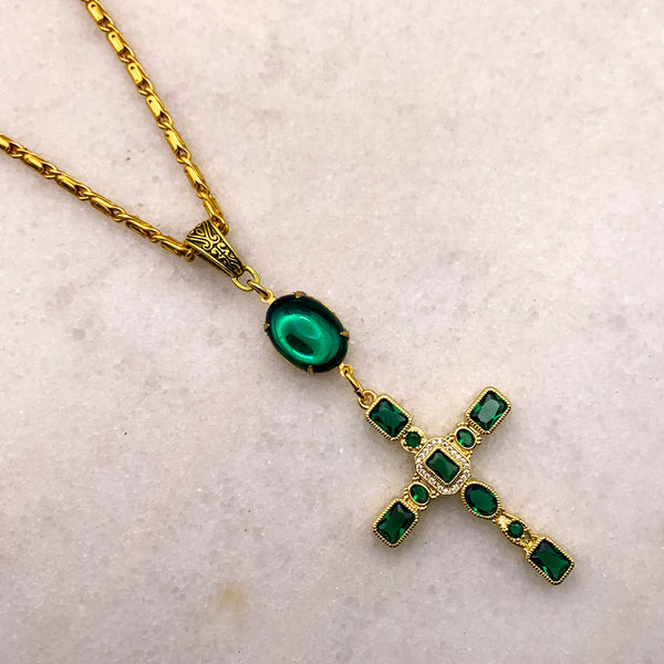 Emerald Cross Necklace | Spanish Glass | Handmade in Australia | Baroque Chain