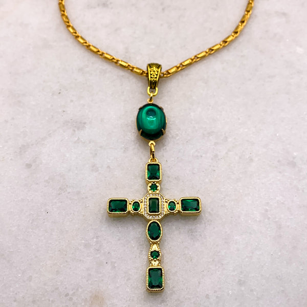 Emerald Cross Necklace | Spanish Glass | Handmade in Australia | Baroque Chain